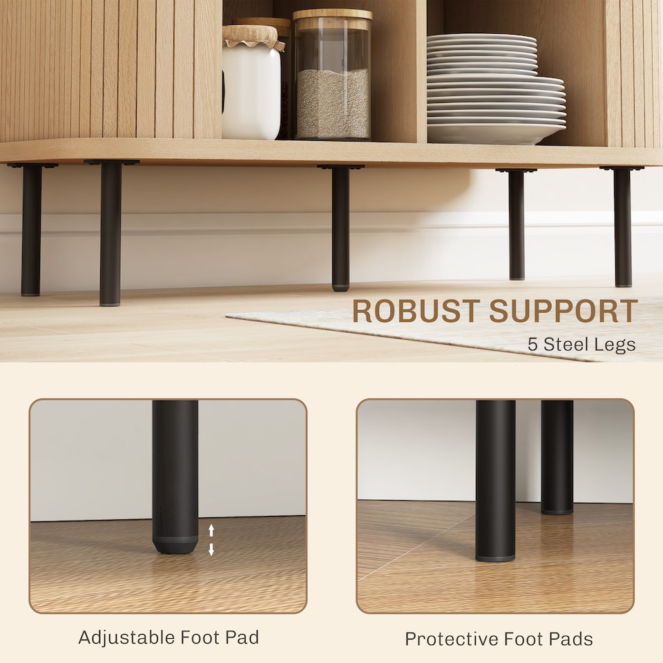 image 1 of HOMCOM Mid-Century Modern Sideboard Storage Cabinet with Slatted Tambour Sliding Doors, Kitchen Cabinet with Steel Legs, Oak Tone | White | Oak Tone