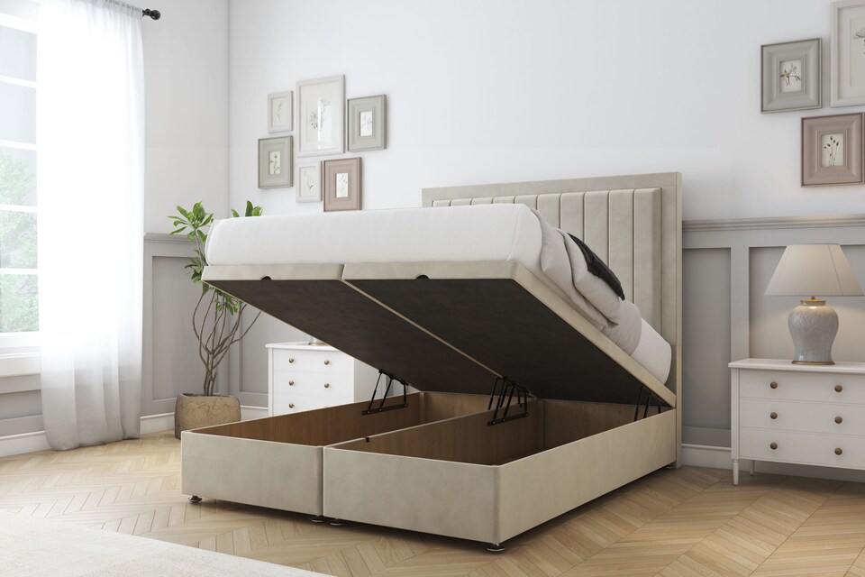 image 1 of Sloomy Pemberton Cream Plush Ottoman Bed With Mattress With 54" Floor Standing Headboard 4' Small Double