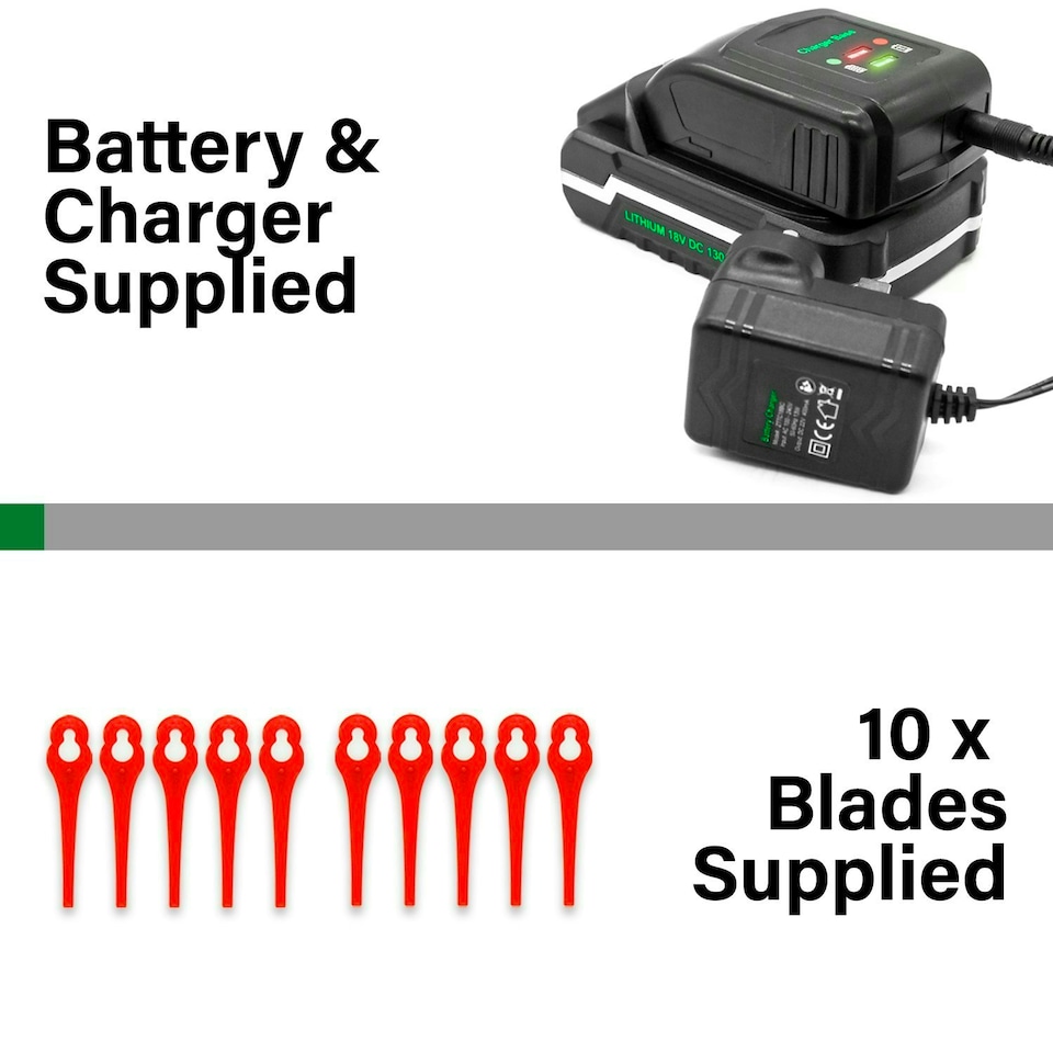 image 1 of Gracious Gardens 18V Cordless Strimmer,10 Blades, 1 Battery & 1 Charger | Green | Green | 1