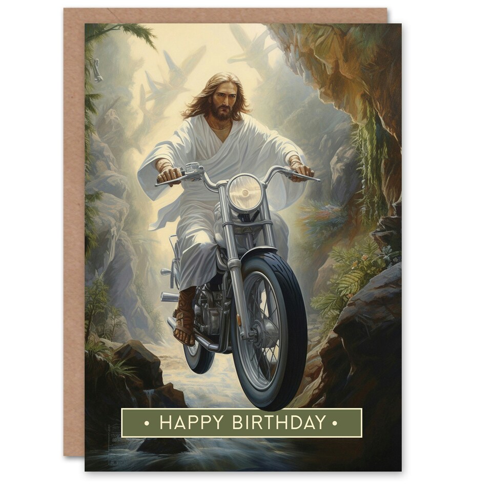 image 1 of Happy Birthday Christ on a Bike Funny Motorcycle Jesus Birthday Card