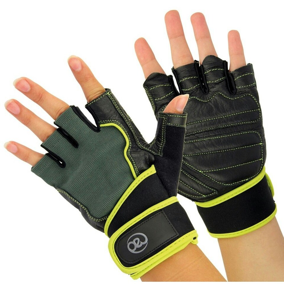 Fitness Mad Mens Leather Weightlifting Gloves - Black/Neon Green - L Black | L