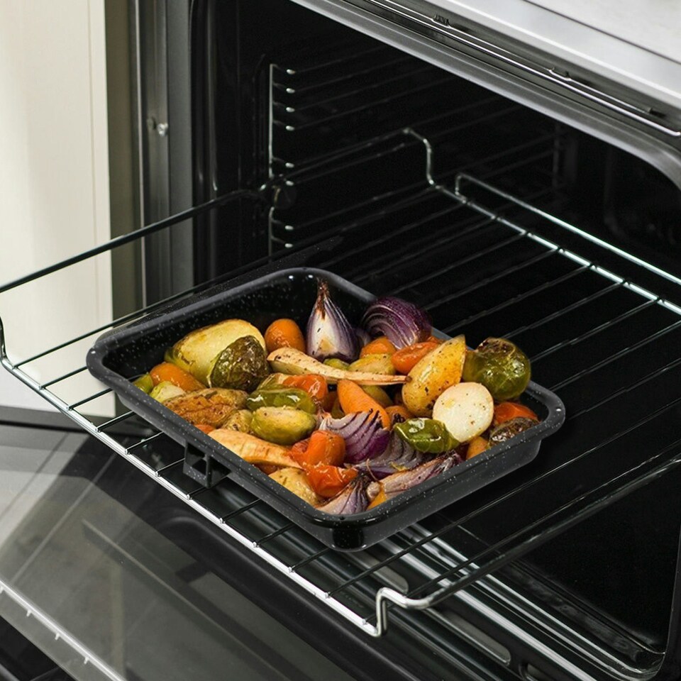 image 1 of SPARES2GO Small Grill Pan, Rack & Detachable Handle for Neff Oven Cookers (Non-Stick Vitreous Enamelled)