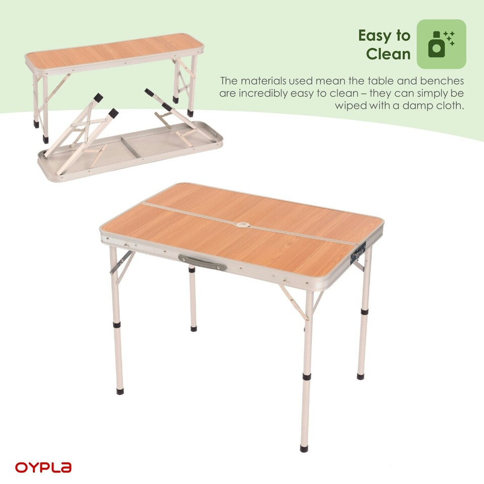 image 1 of Oypla 3ft Folding Outdoor Camping Kitchen Wood Effect Work Top Table and Benches Brown