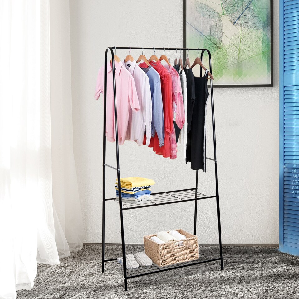 image 1 of HOMCOM Metal Clothes Rack Coat Garment Hanger Hallway Organiser Hanging Rail Stand 2-tier Shoe Shelving A Shaped 77L x 45W x 153H cm Black