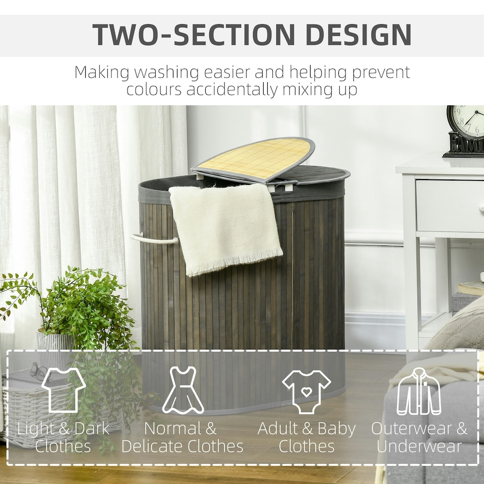 image 1 of HOMCOM 100L Bamboo Laundry Basket w/ 2 Compartments Washing Baskets Grey