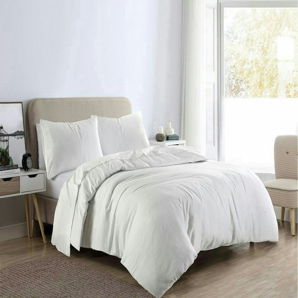 image 1 of Plain Dye Flannelette White Double Duvet Cover Set