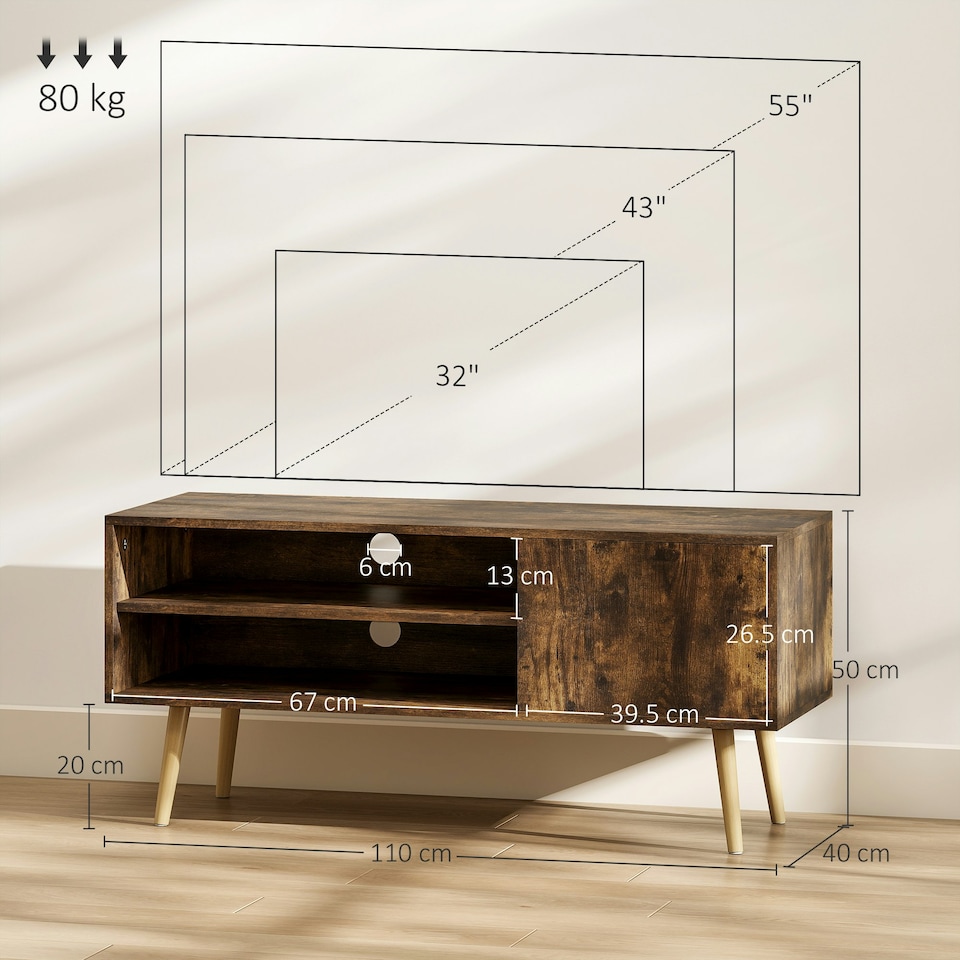 image 1 of HOMCOM TV Unit Cabinet for TVs up to 55Inches with Cable Management, Brown | Brown | 1