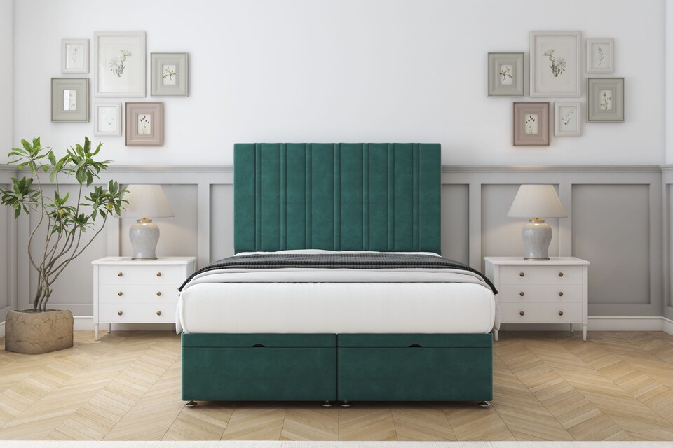 image 1 of Sloomy Langston Emerald Plush Ottoman Bed With Mattress With 54" Floor Standing Headboard 2'6 Small Single