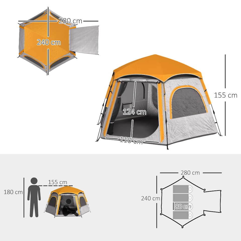 image 1 of Outsunny Instant Camping Tent, 4 Person Easy Setup Dome Tent | Grey | Light Grey | 2.8L x 2.4W x 1.55H m
