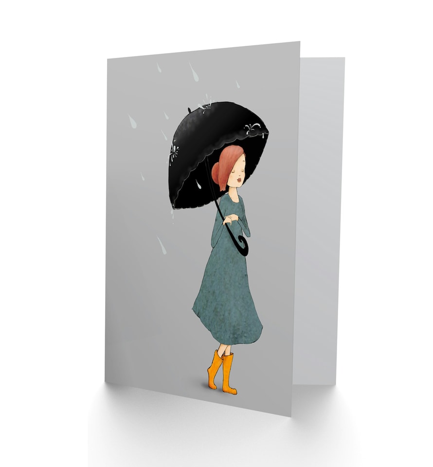 image 1 of Grey Weather Girl In Rain With Black Umbrella Art Card