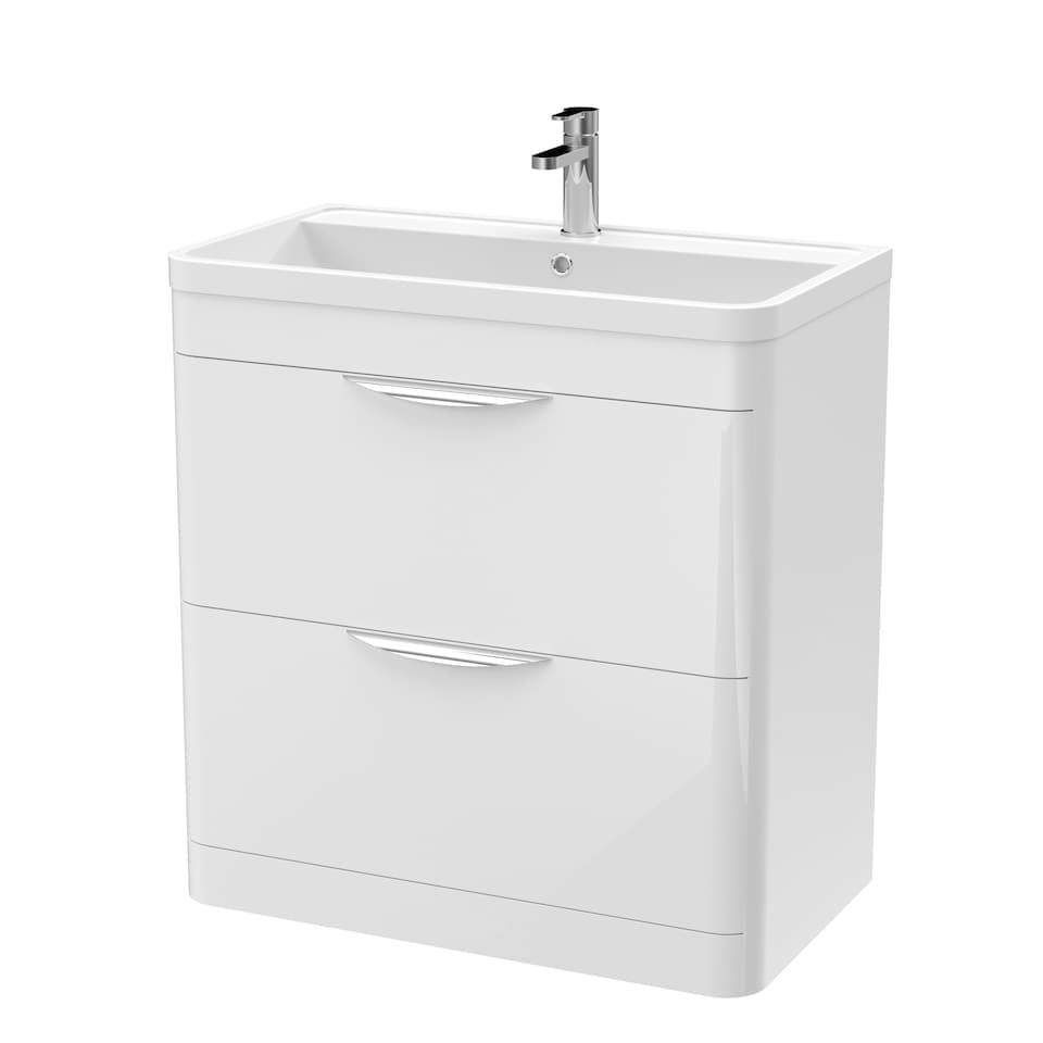 image 1 of Floor Standing 2 Drawer Vanity Unit with Polymarble Basin - 800mm - Gloss White White