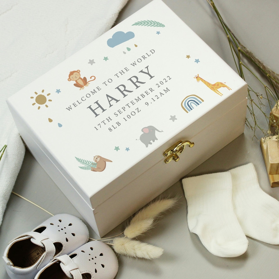 image 1 of Personalised Safari Animals Small Wooden Keepsake Box White