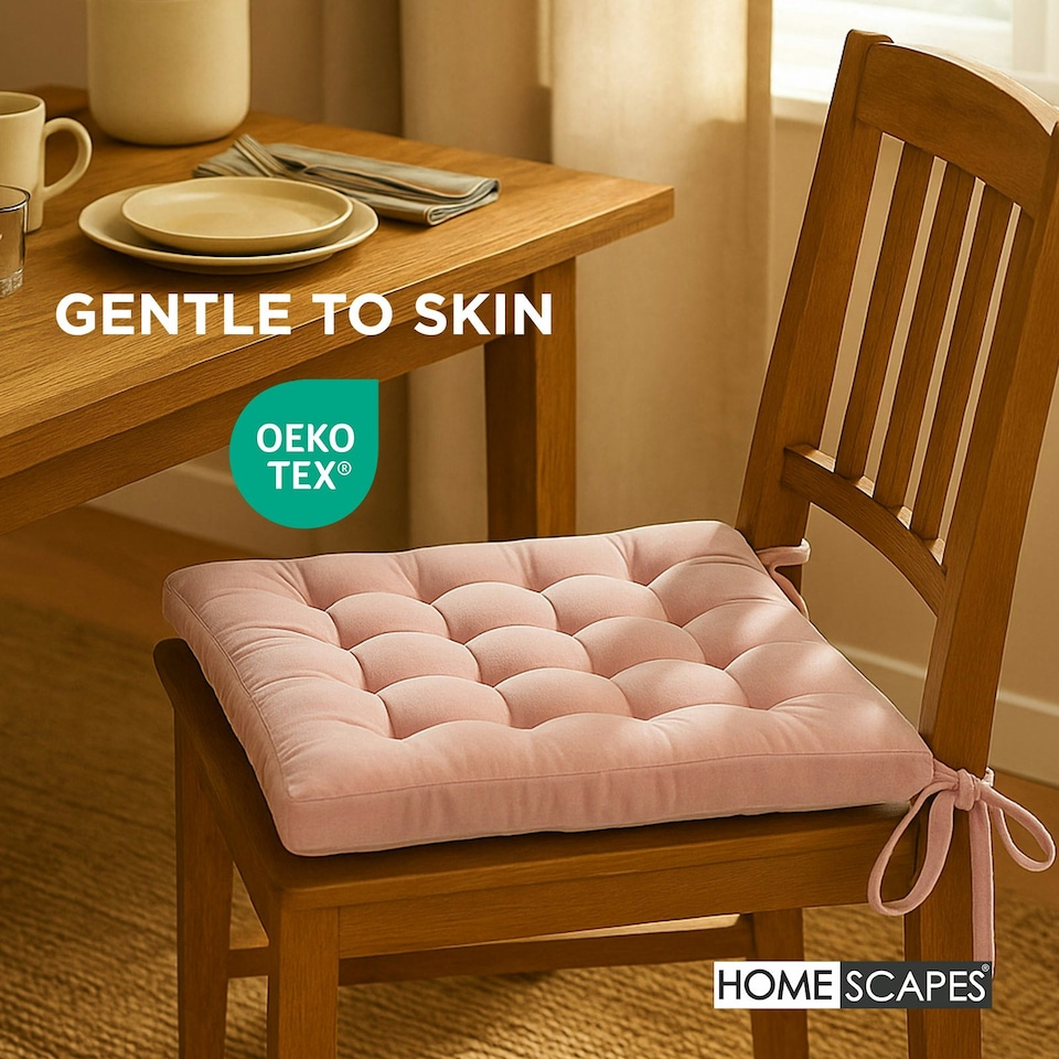 image 1 of Homescapes Set of 4 Seat Pad Cushion Luxury Cotton Velvet Indoor Outdoor Garden, 40 x 40cm Pink