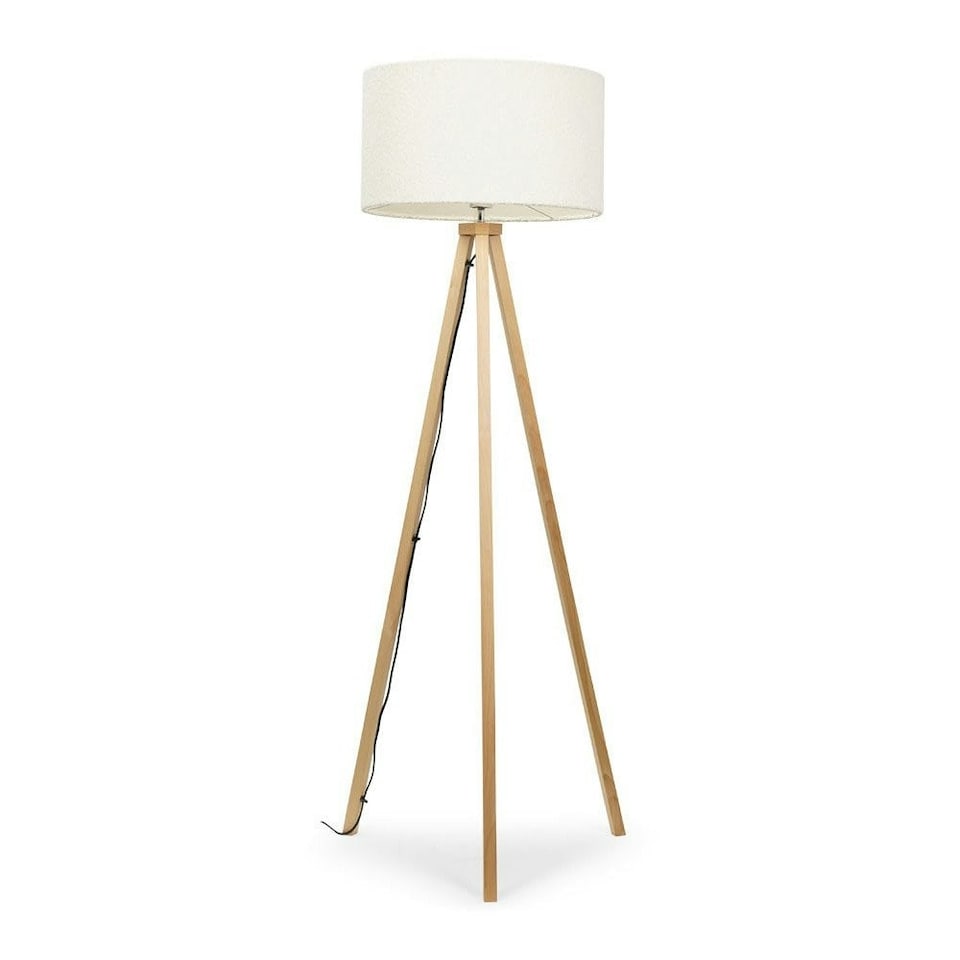 image 1 of ValueLights Barbro Wood Tripod Floor Lamp Cream Boucle Shade & Bulb