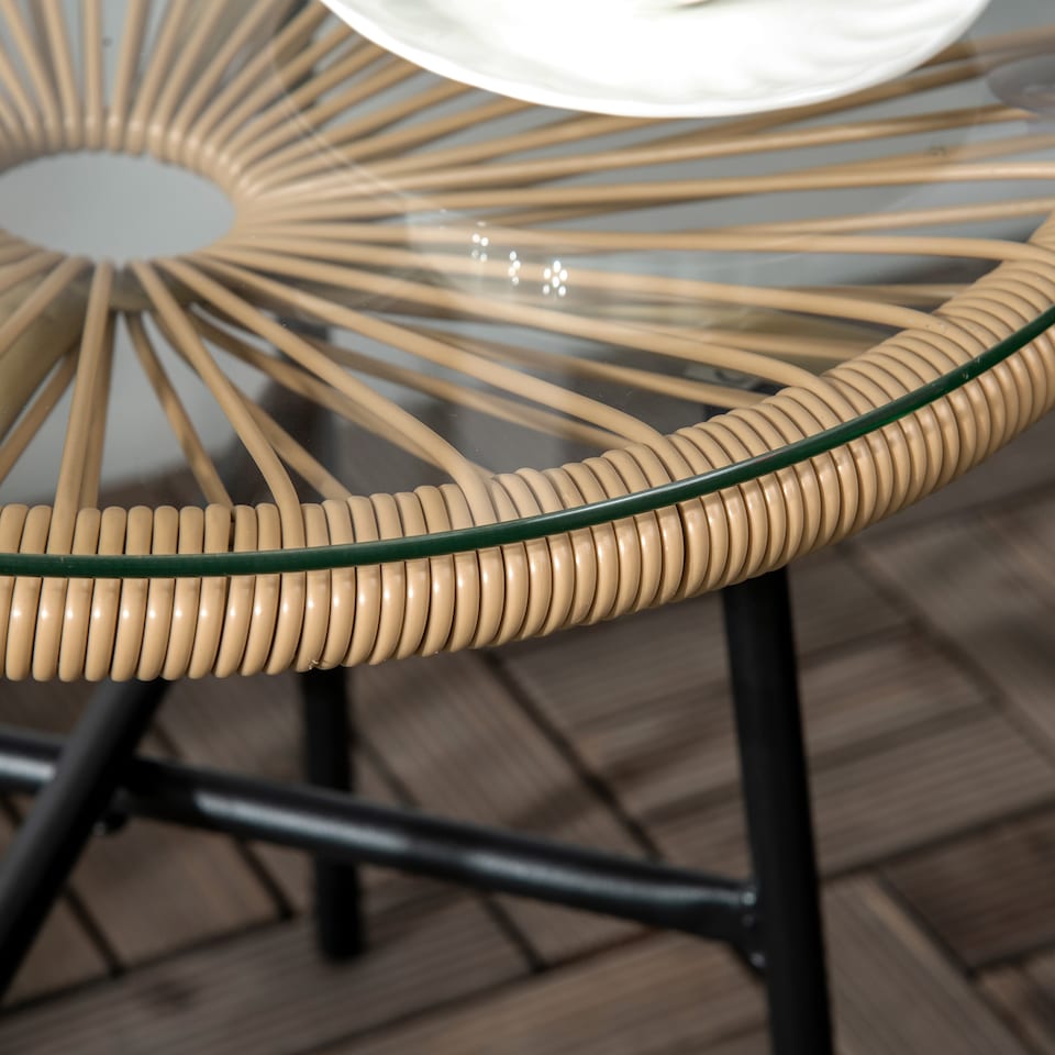 image 1 of Outsunny Rattan Side Table w/ Tempered Glass Tabletop, Beige