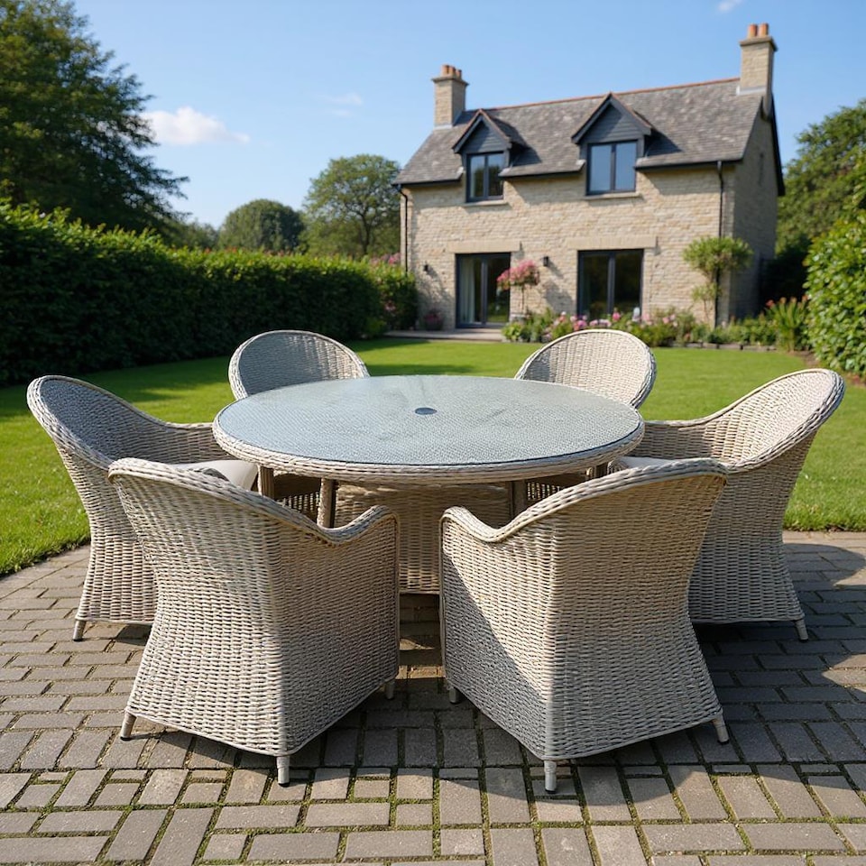 image 1 of Sorrento 6-Seater Rattan Dining Set, Round Garden Table with Chairs, Outdoor Patio Furniture Set