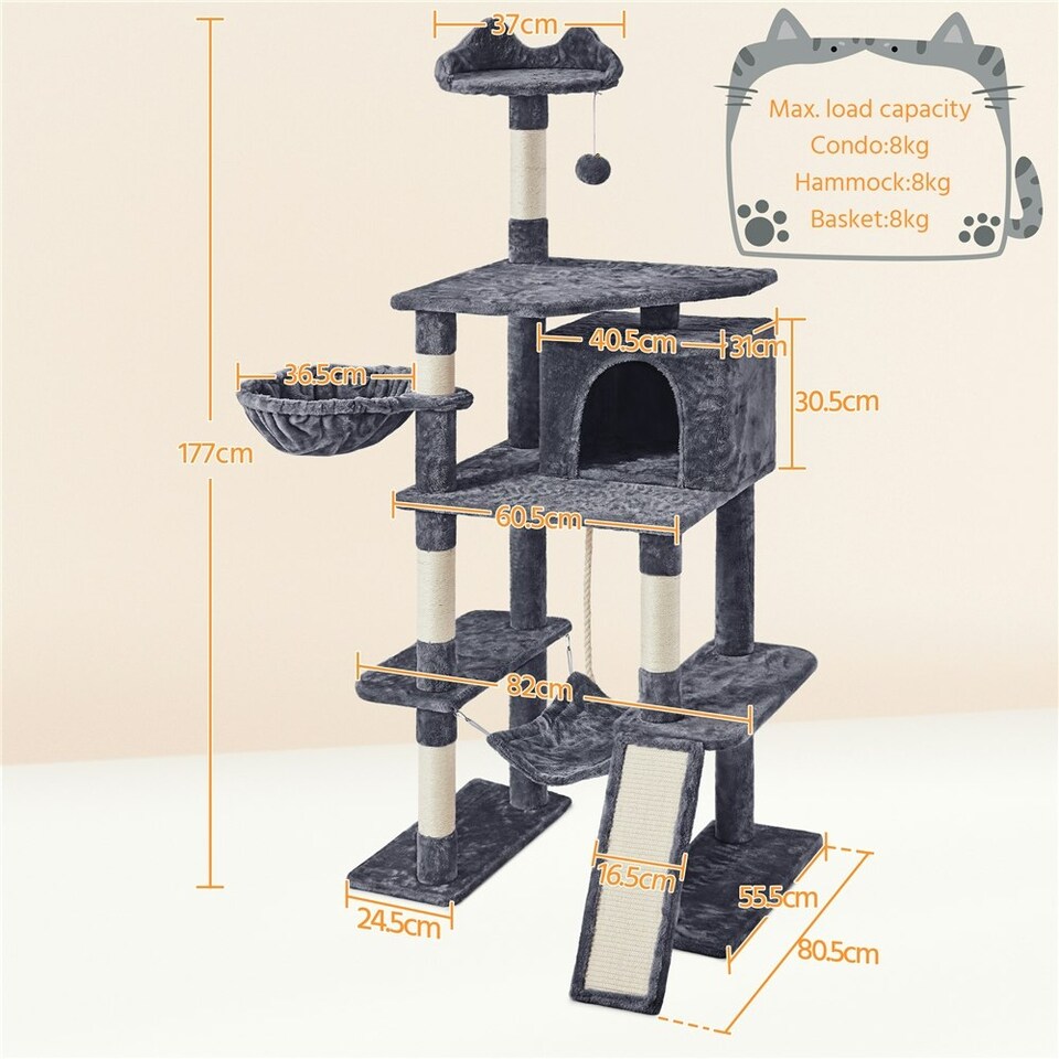 image 1 of Yaheetech 177 cm Multilevel Cat Tree with Condo Dark Grey