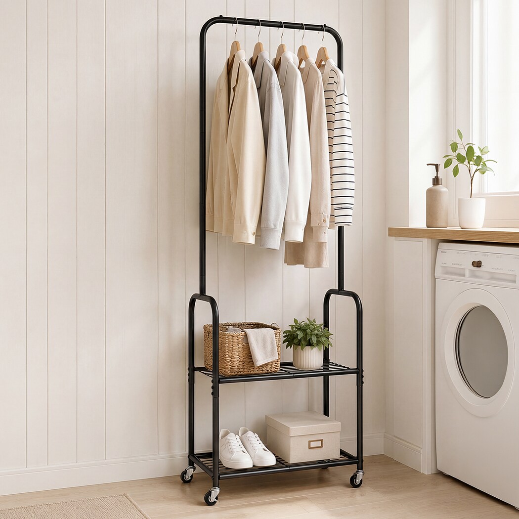 Levede Clothes Rack Garment Organizer 2 Shelf Locking Wheels Bedroom Black