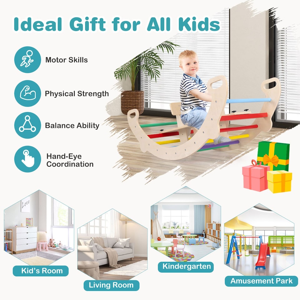 image 1 of COSTWAY Multifunctional Rocking Horse Arch 4-in-1 Wooden Climbing Toys