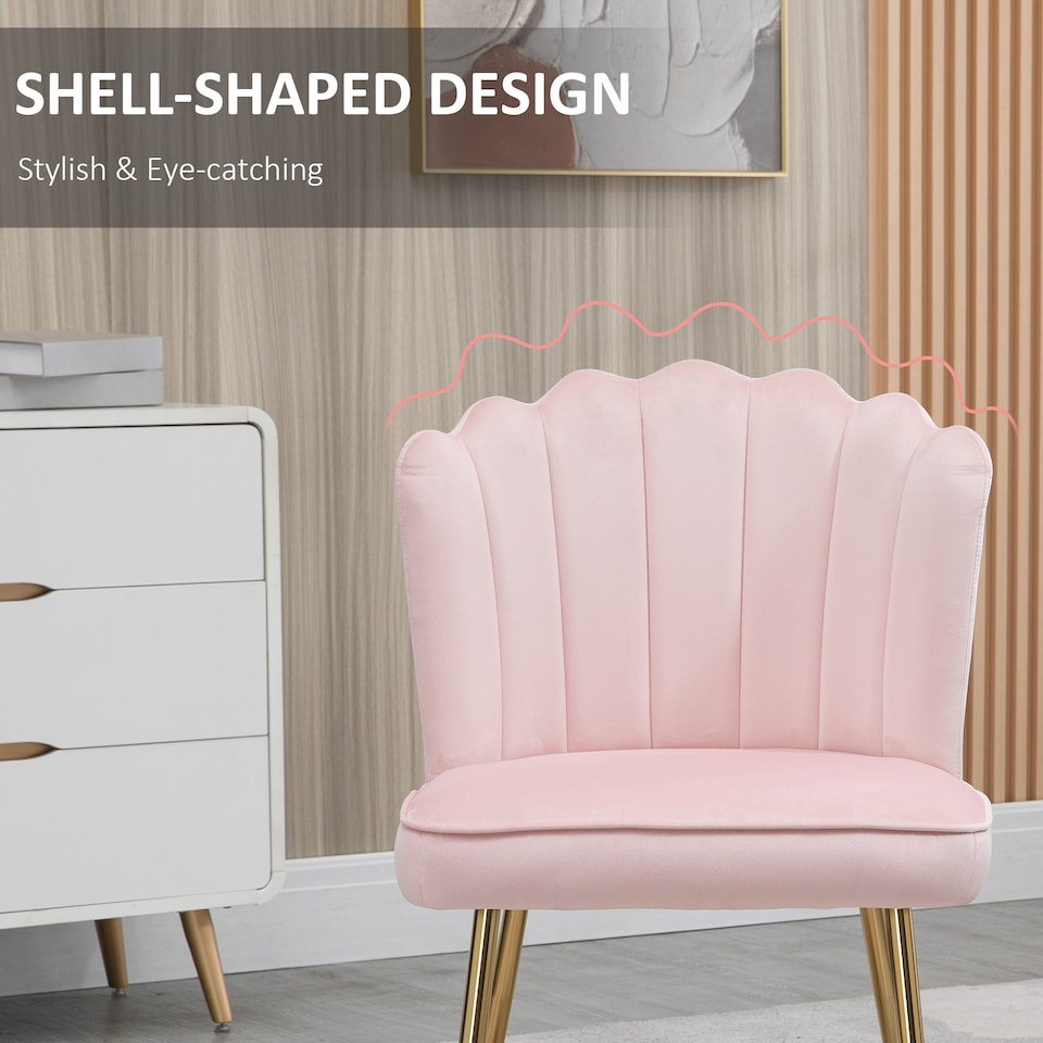 image 1 of HOMCOM Shell Luxe Velvet Accent Chair with Gold-tone Metal Legs, Modern Vanity Chair for Living Room, Bedroom, Home Office, Pink
