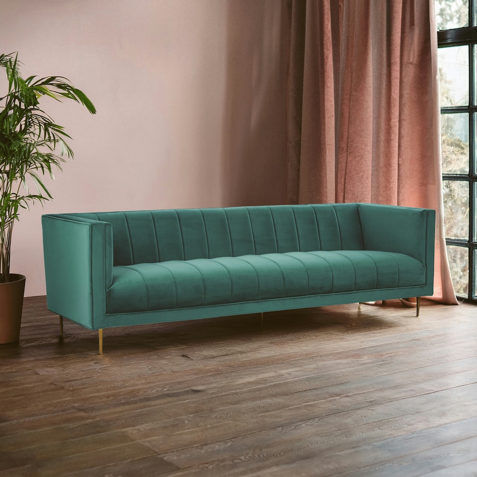 image 1 of Interiors by Premier 3 Seater Green Sofa For Living Room, Green Velvet Upholstered Settee Sofa, Classic Sofa Couch For Patio Green