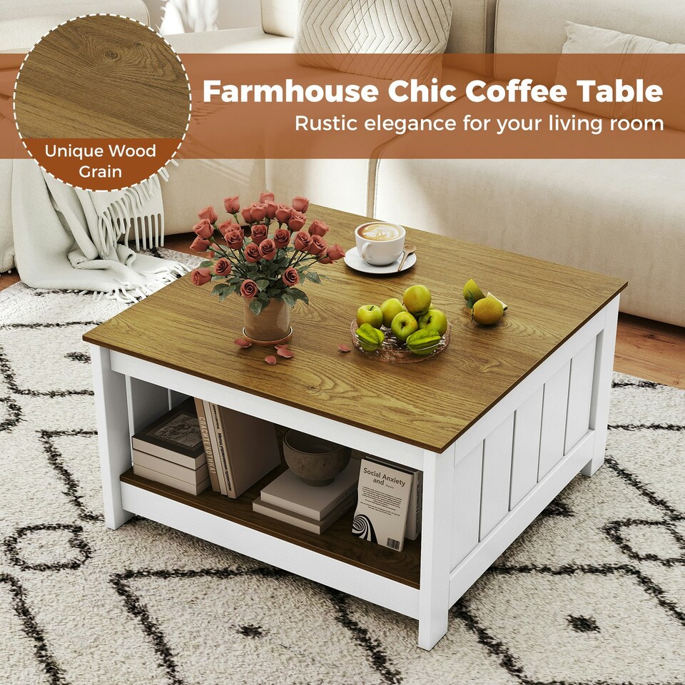 image 1 of COSTWAY Coffee Table Cocktail Table with Storage Shelf White