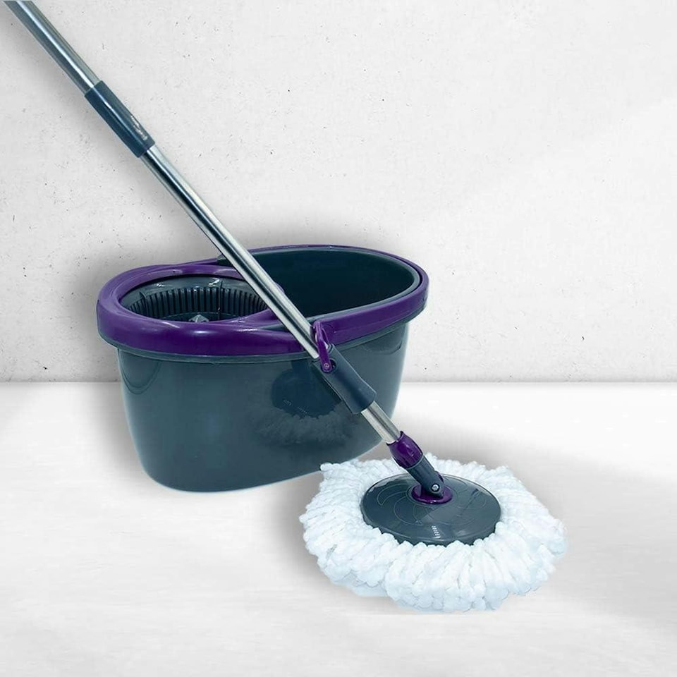 image 1 of Calitek 360° Rotating Spin Mop and Bucket Set with 2 Microfibre Heads Grey