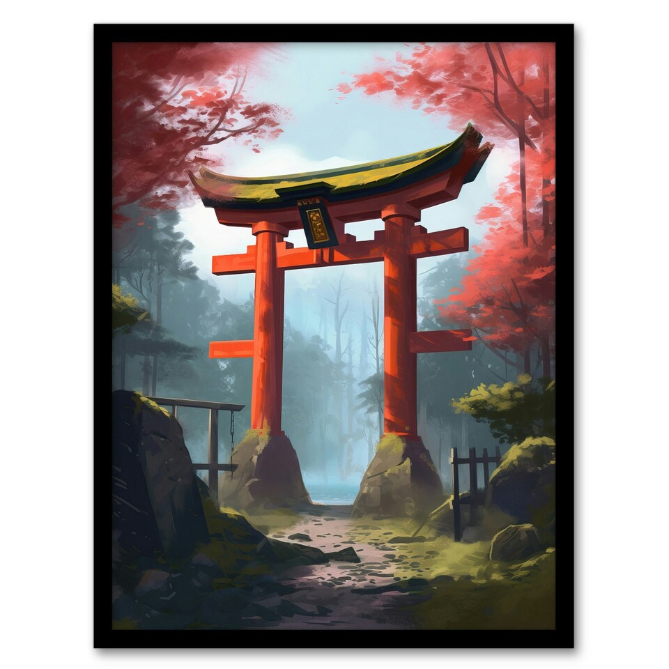 image 1 of Torii Gate Leading Shinto Shrine Forest Red Black Framed Wall Art Print A4