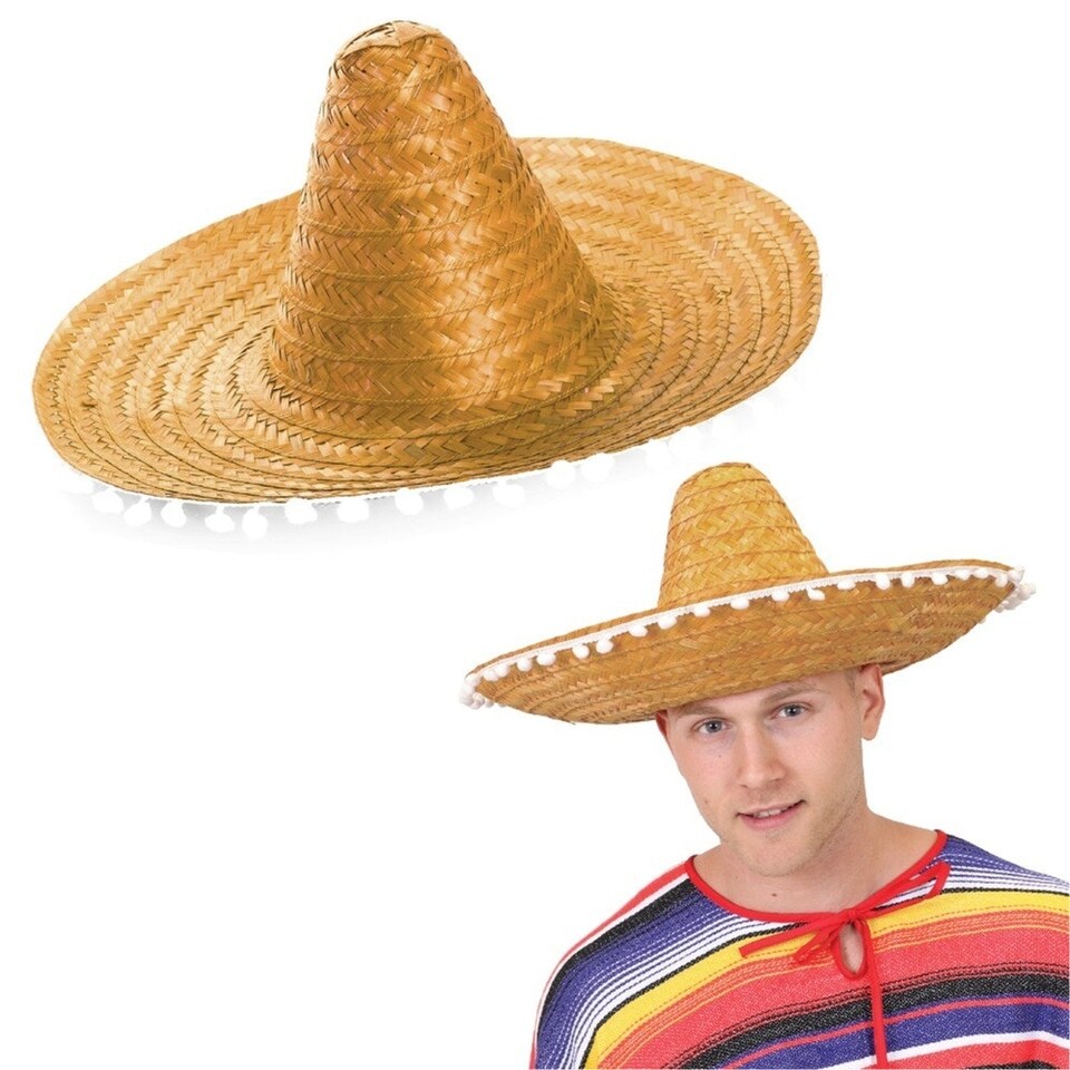 image 1 of Orange Mexican Sombrero – Fancy Dress Hat with Pom-Pom Trim Multi | One Size