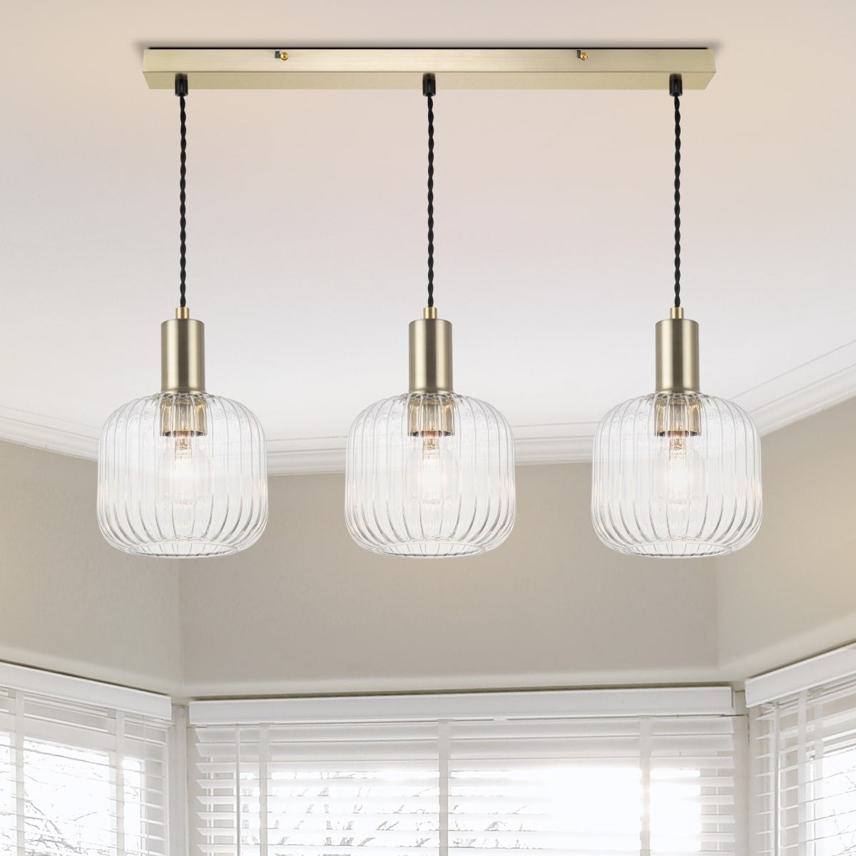 COSYLYTE Clayton 3 Light Modern Ribbed Glass Bar Pendant Light - Brushed Brass | Gold | Brushed Brass | 1