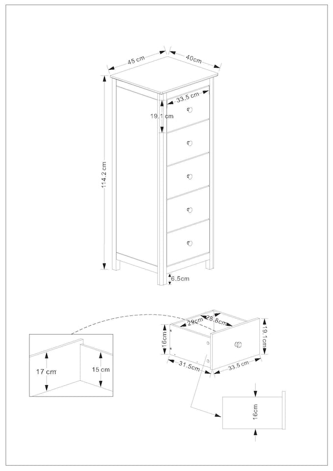image 1 of Nairn White 5 Drawer Narrow Chest of Drawers - White Painted Wood Bedroom Storage with Polished Steel Handles