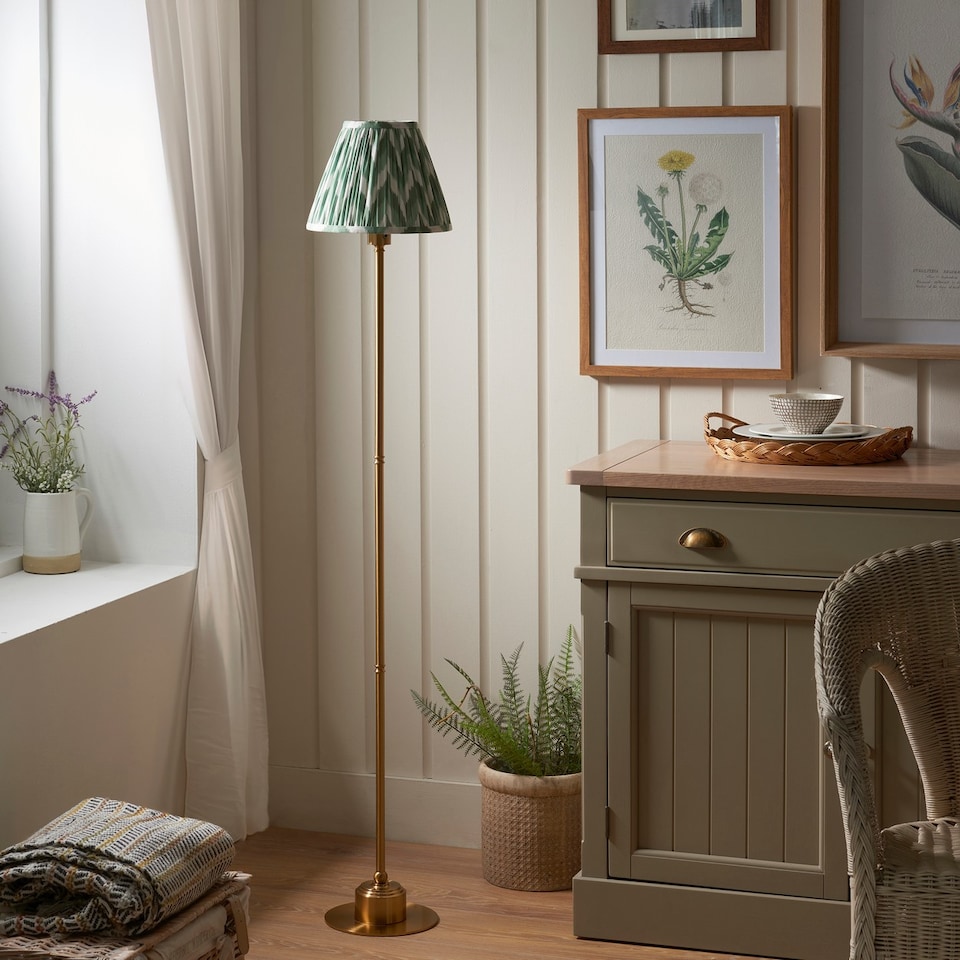 image 1 of Burley Rechargeable Brushed Aged Brass Plate Floor Lamp with Cotswold Green Fabric Zigzag Shade 25cm Integrated LED