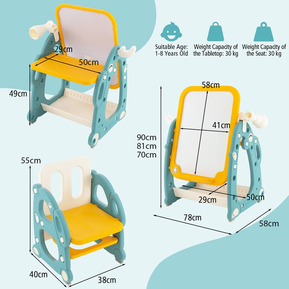 image 1 of COSTWAY 4-in-1 Kids Easel Drawing Table and Chair Set with Whiteboard