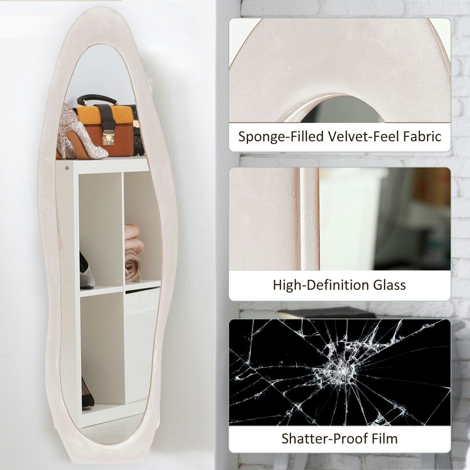image 1 of HOMCOM Irregular Full Length Mirror with Velvet Frame 160 x 50cm Light Pink