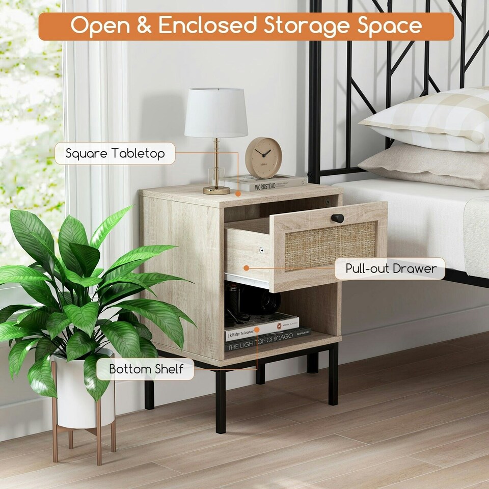 image 1 of COSTWAY 2-Tier Nightstand Bedside Table Wood Top Side Table Brown
