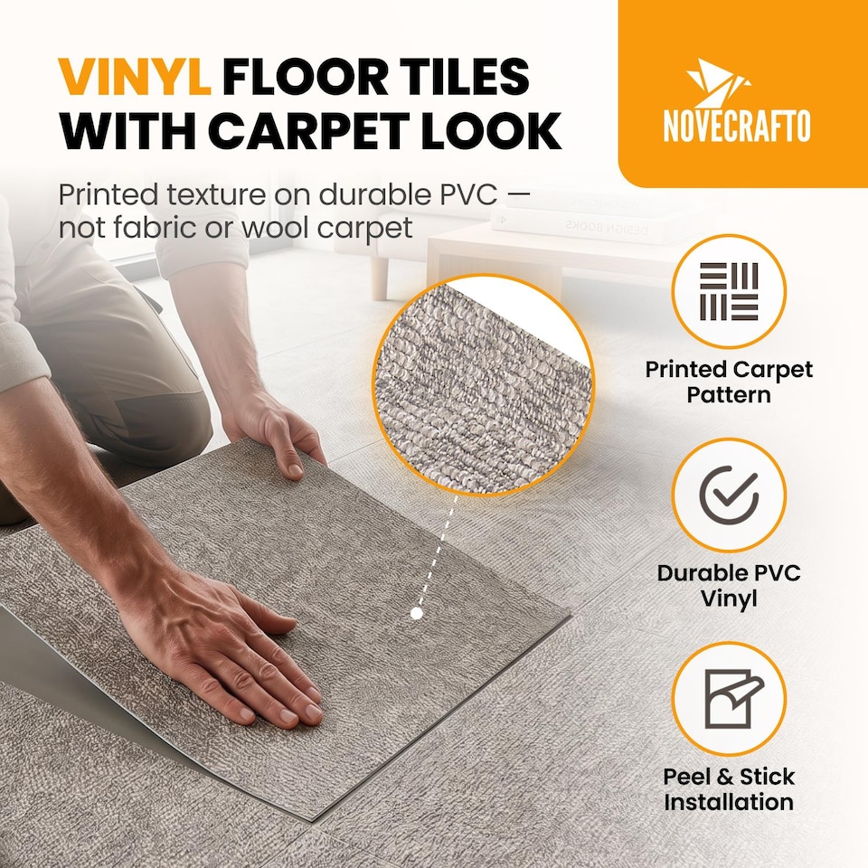 image 1 of NOVECRAFTO Self Adhesive Vinyl Floor Tiles 45x45cm Carpet Effect Peel and Stick
