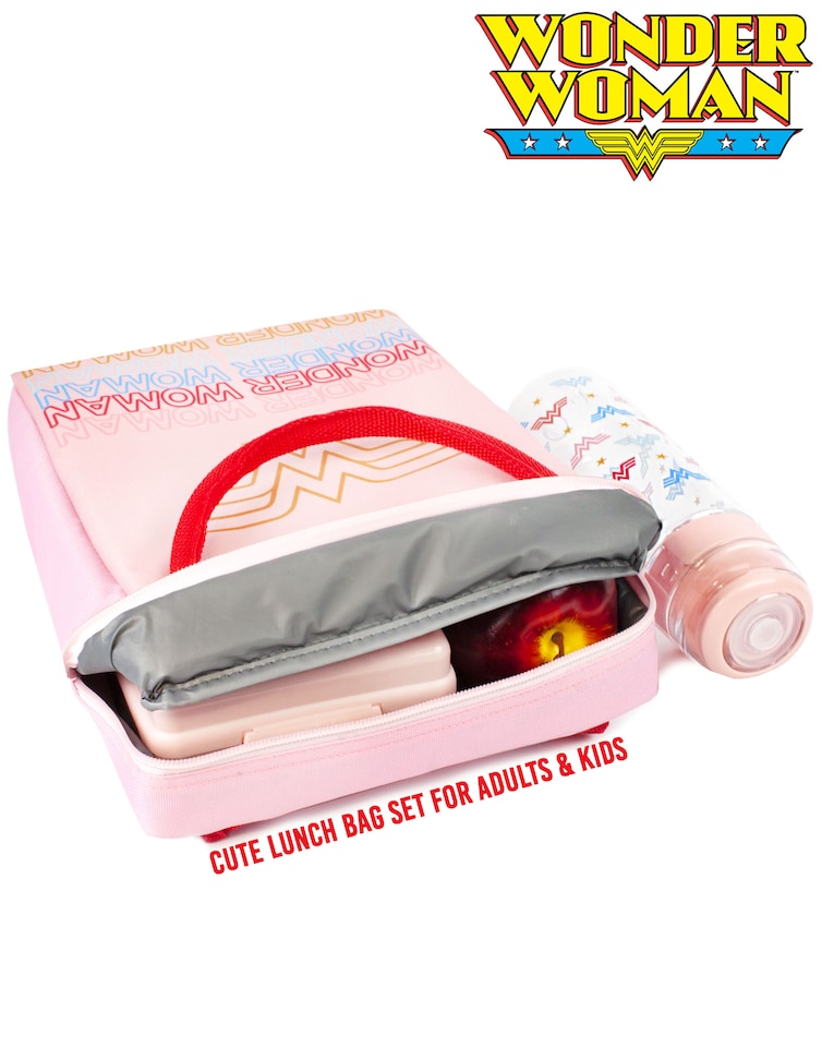 image 1 of DC Comics Wonder Woman Lunch Bag | Rectangular Tote Style 3 Piece Set with Water Bottle & Snack Container | Embrace Superhero Power | Pink Shield Design for Adults & Kids | Wonder Durable Material