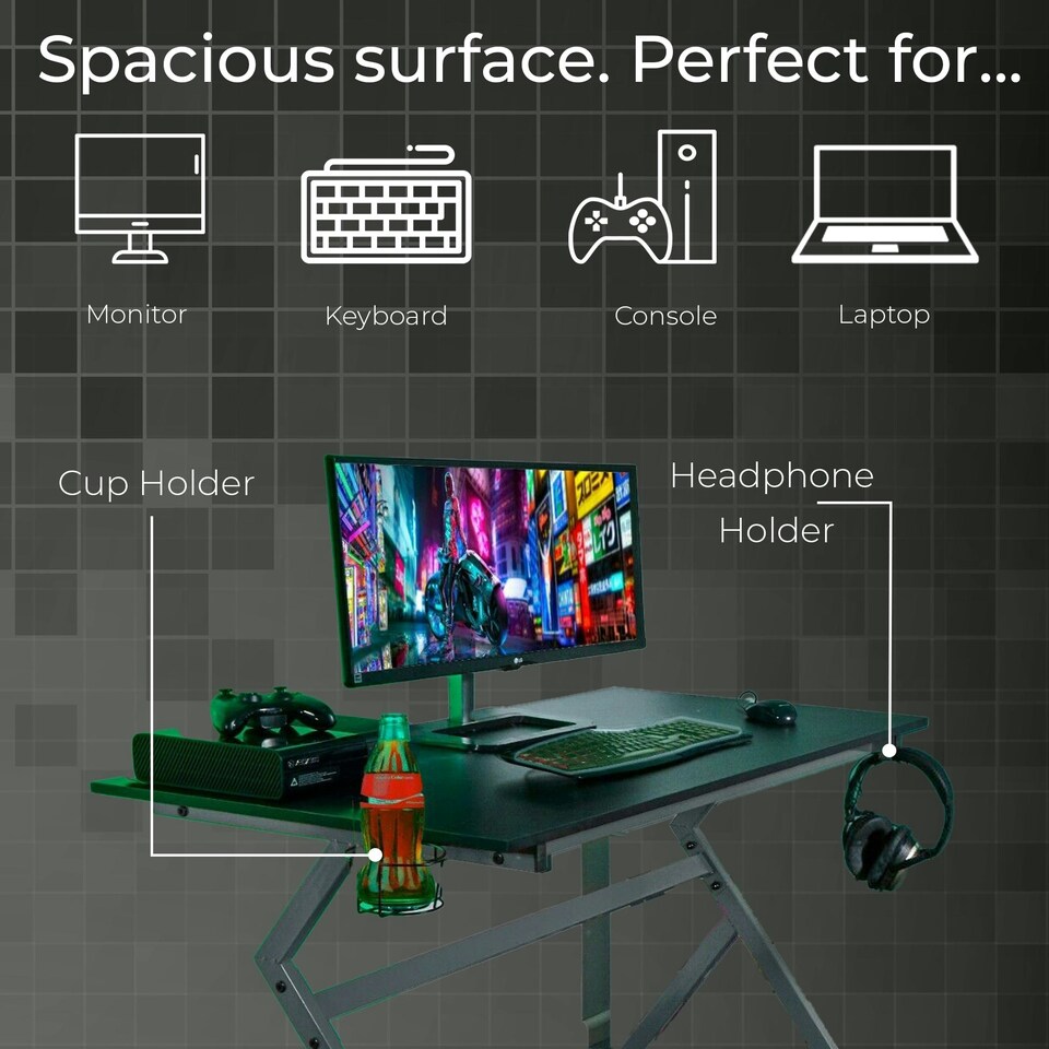 image 1 of Grey Ergonomic PC Gaming Office Computer Desk with Headphone Hook