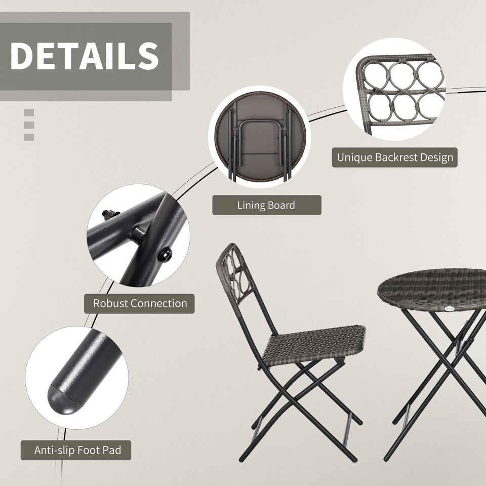 image 1 of Outsunny 3 Pieces Rattan Bistro Set, Wicker Folding Garden Furniture Set with Coffee Table and Chairs for Outdoor, Patio, Balcony, Grey
