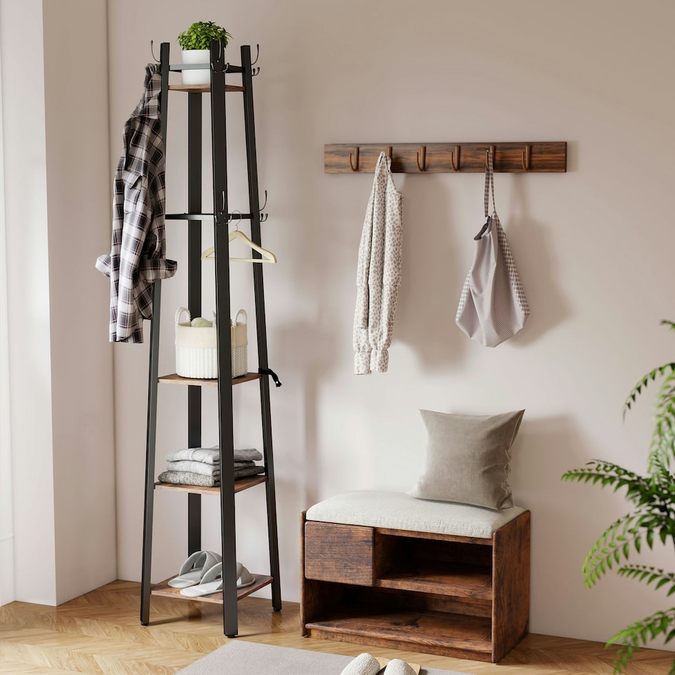 image 1 of HOMCOM Industrial Coat Stand with 4 Storage Shelves and 8 Hooks Rustic Brown | Brown | Black | One Size
