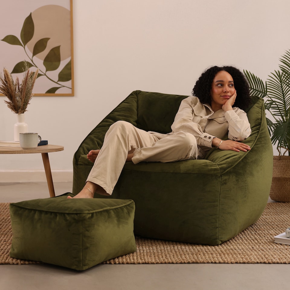 image 1 of icon Natalia  Velvet Armchair and Footstool Bean Bag, Olive Green