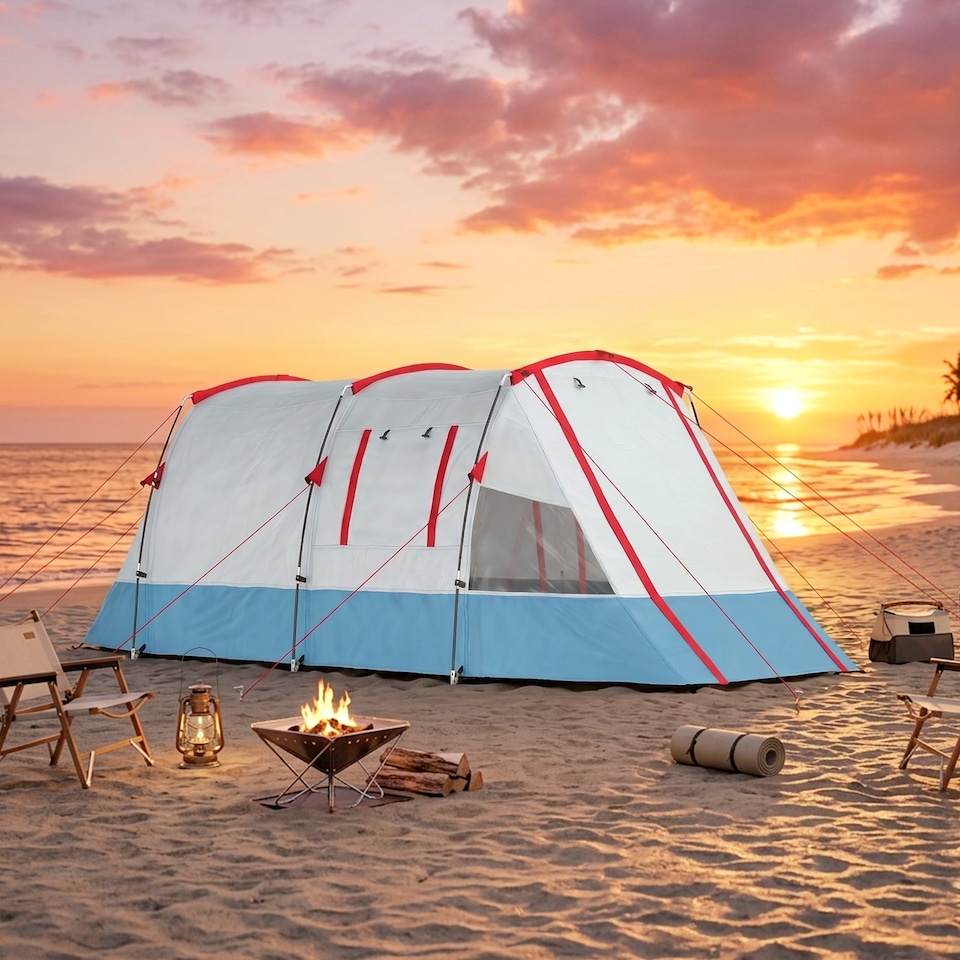 image 1 of Outsunny 3 Person Tunnel Tent, Two-room Camping Tent with Carry Bag, Blue