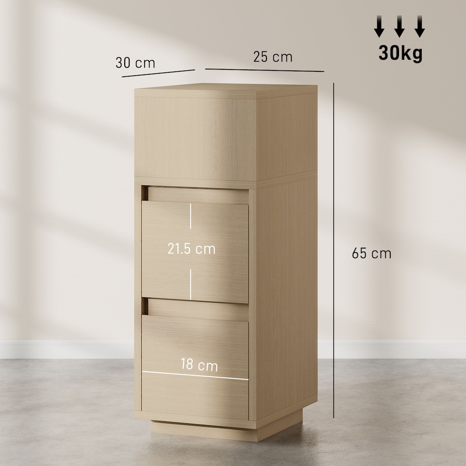 image 1 of HOMCOM Slim Bedside Table, Narrow Bedside Cabinet with Open Shelf and 2 Drawers, Modern Nightstand for Bedroom, Living Room, Natural Wood Finish | Brown | Natural wood finish