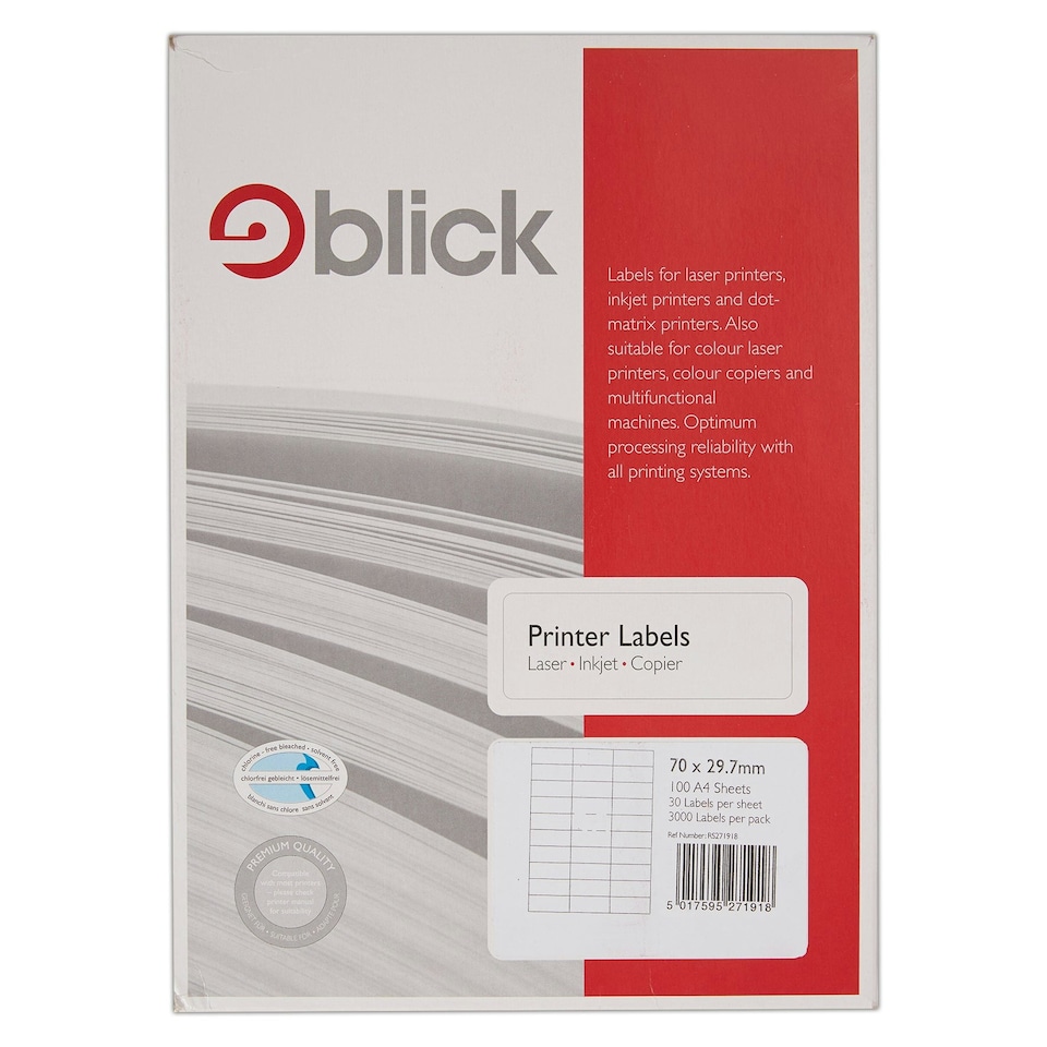 image 1 of Blick 30Up, 70mm x 29.7mm, Rectangular, White, 3000 Labels