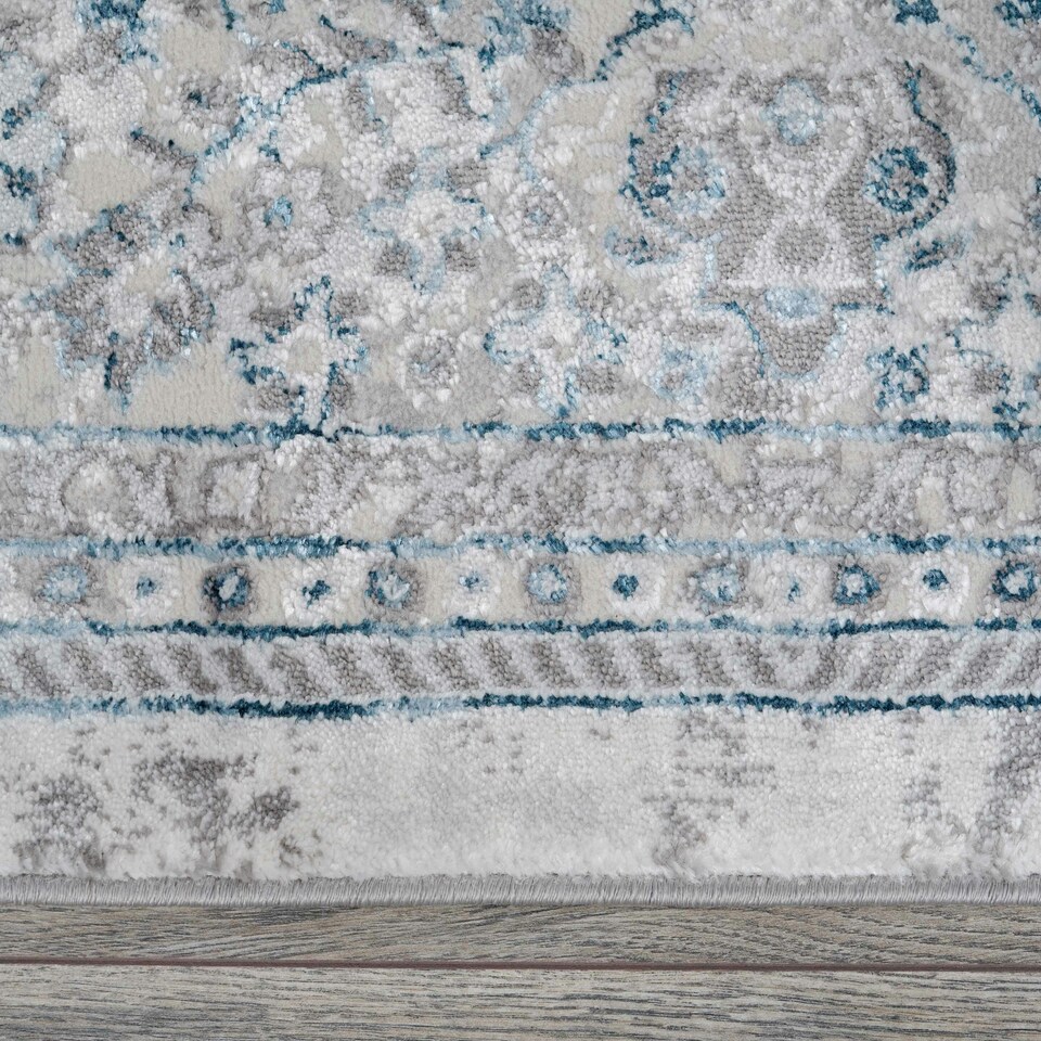 image 1 of KUKOON Blue Grey Distressed Traditional Bordered Runner Rug 60cm x 240cm | Grey