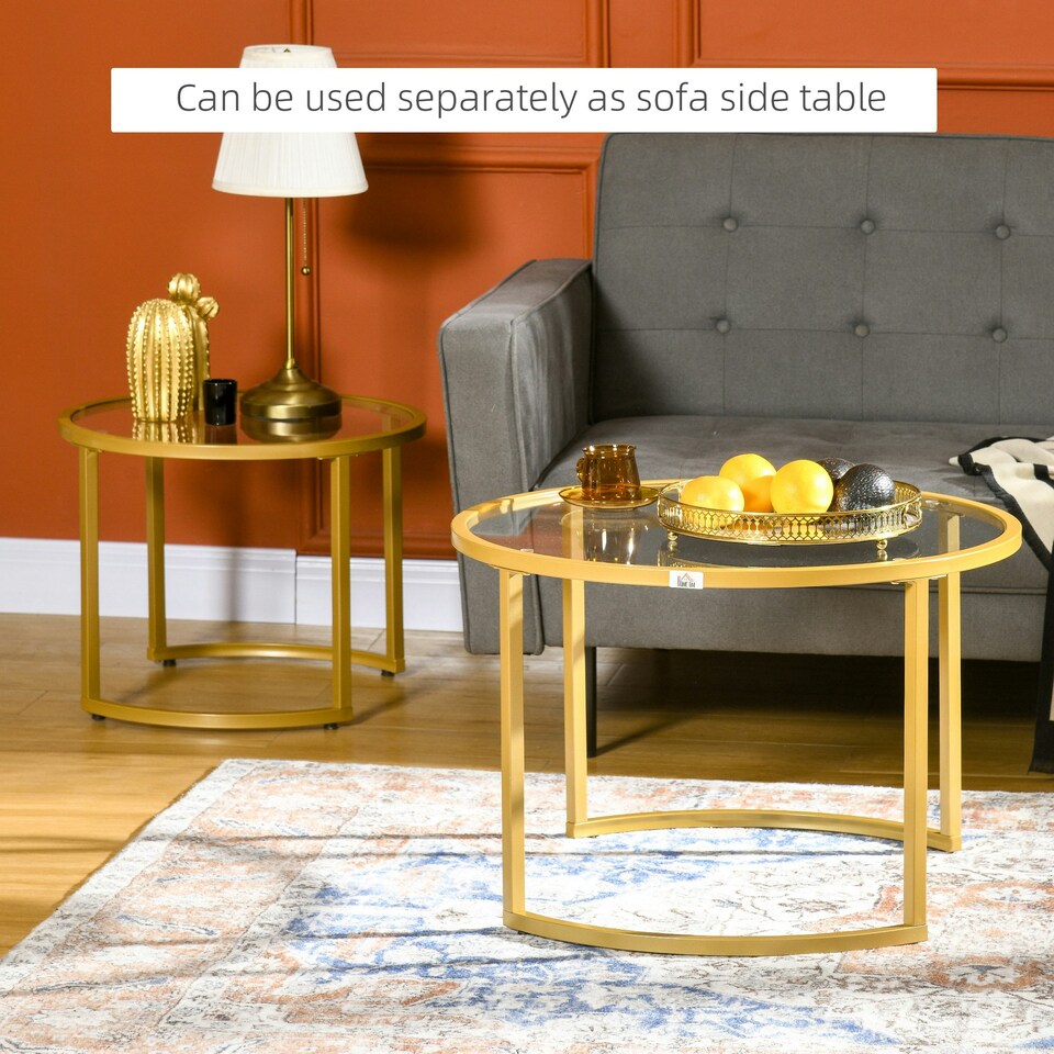 image 1 of HOMCOM Modern Coffee Table Set of 2, Nesting Tables with Glass Top, Gold | Multi