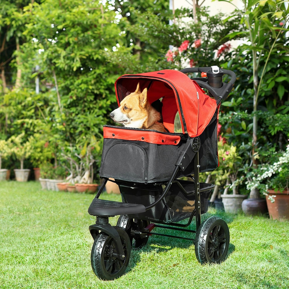 image 1 of PawHut Folding 3 Wheel Pet Stroller Travel Adjustable Canopy Storage Brake Red