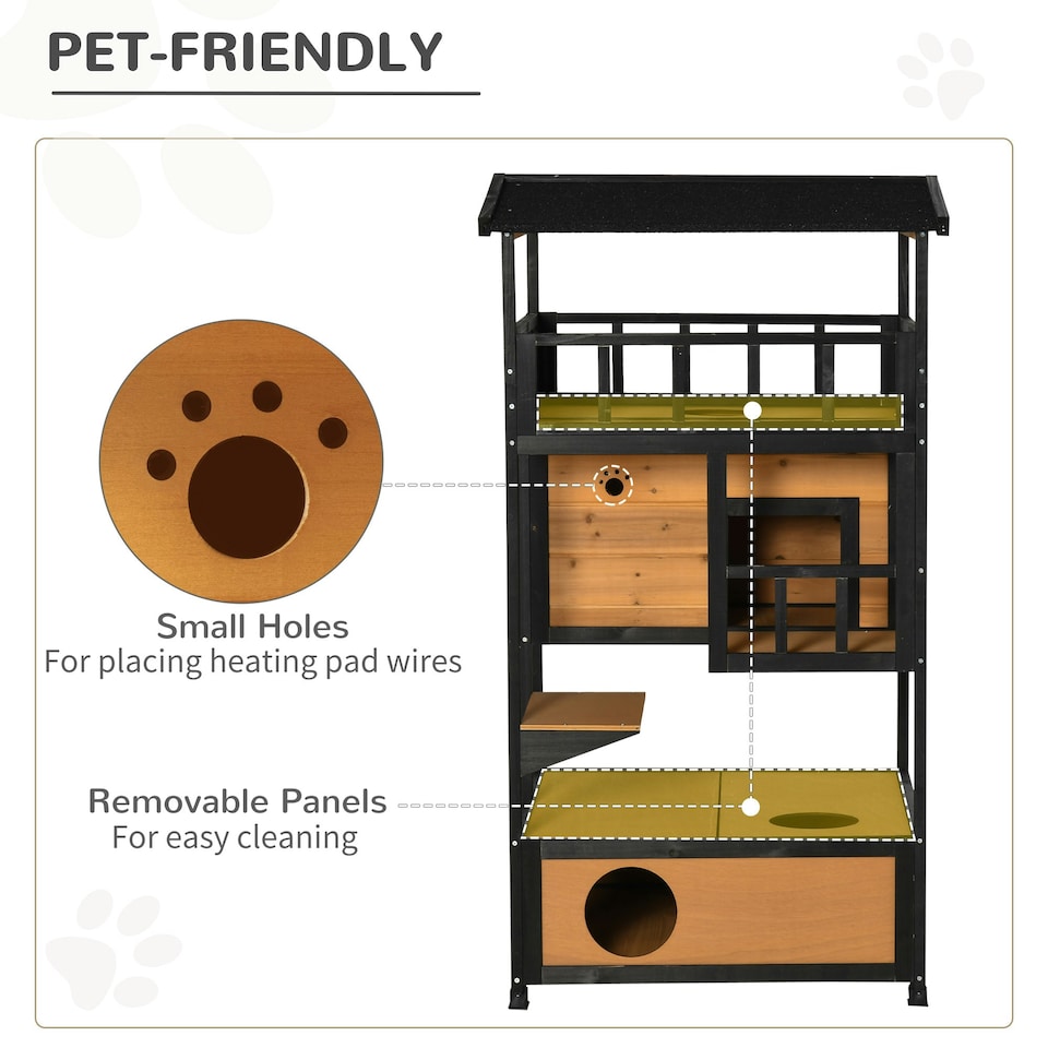 image 1 of PawHut Wooden Outdoor Cat House 3-Tier Kitten Shelter w/ Tilted Roof Yellow