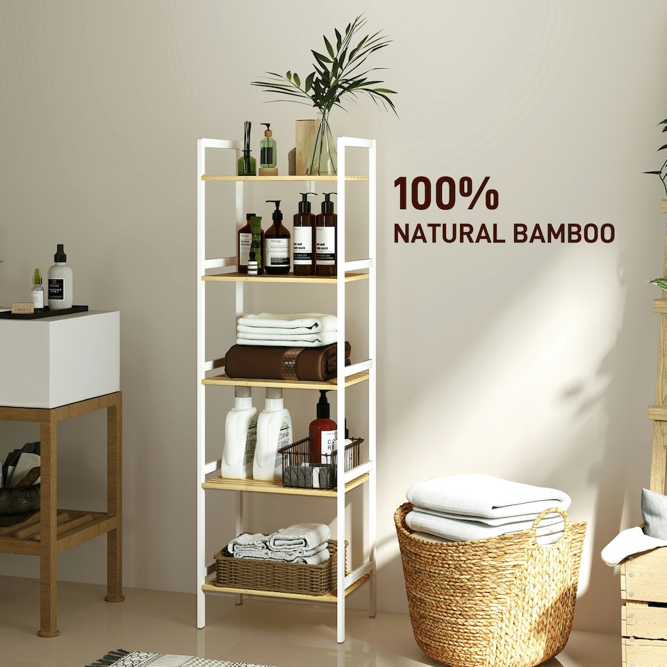 image 1 of HOMCOM 5-Tier Bamboo Bathroom Storage Shelf with Adjustable Rack, Natural