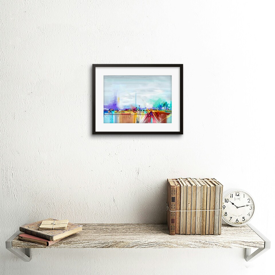 image 1 of Colourful Abstract Harbour Landscape Oil Painting 9x7" Black Framed Wall Art Print